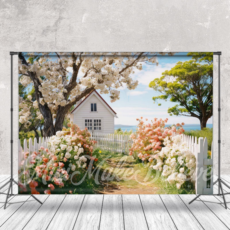 Aperturee - Colorful Flowers Wooden Fence House Spring Backdrop