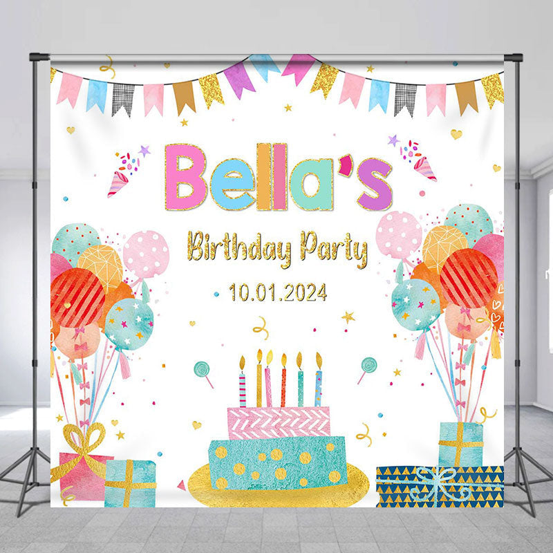 Aperturee - Colorful Gift Balloon Cake Custom Birthday Backdrop