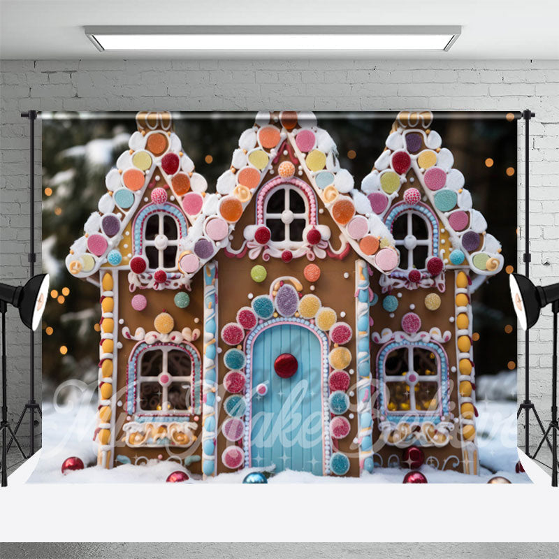 Aperturee - Colorful Gingerbread House Snow Bokeh Christmas Backdrop