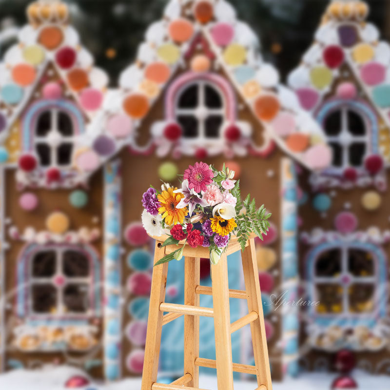 Aperturee - Colorful Gingerbread House Snow Bokeh Christmas Backdrop