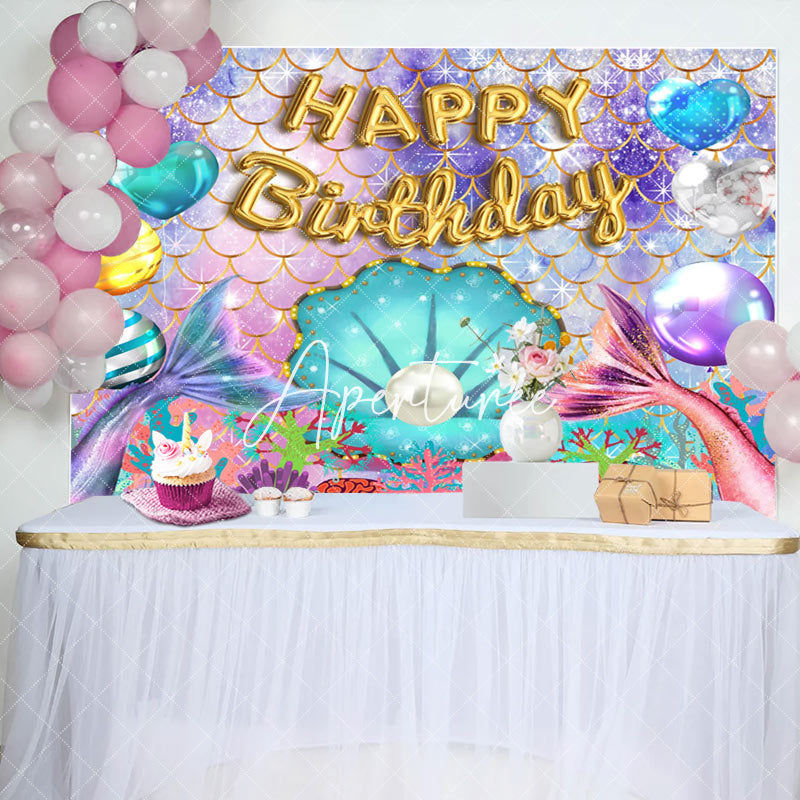 Aperturee - Colorful Glitter Mermaid Balloons Birthday Backdrop