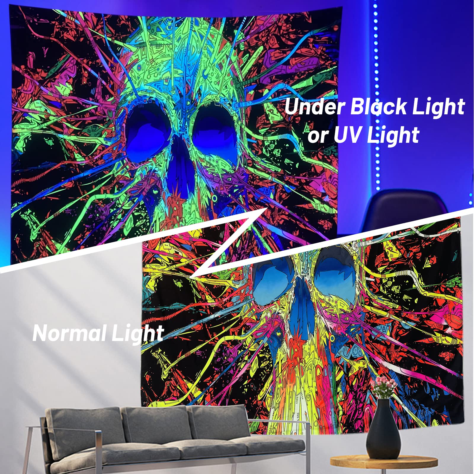 Aperturee Colorful Hippie Skull Wall Blacklight Tapestry for Bedroom