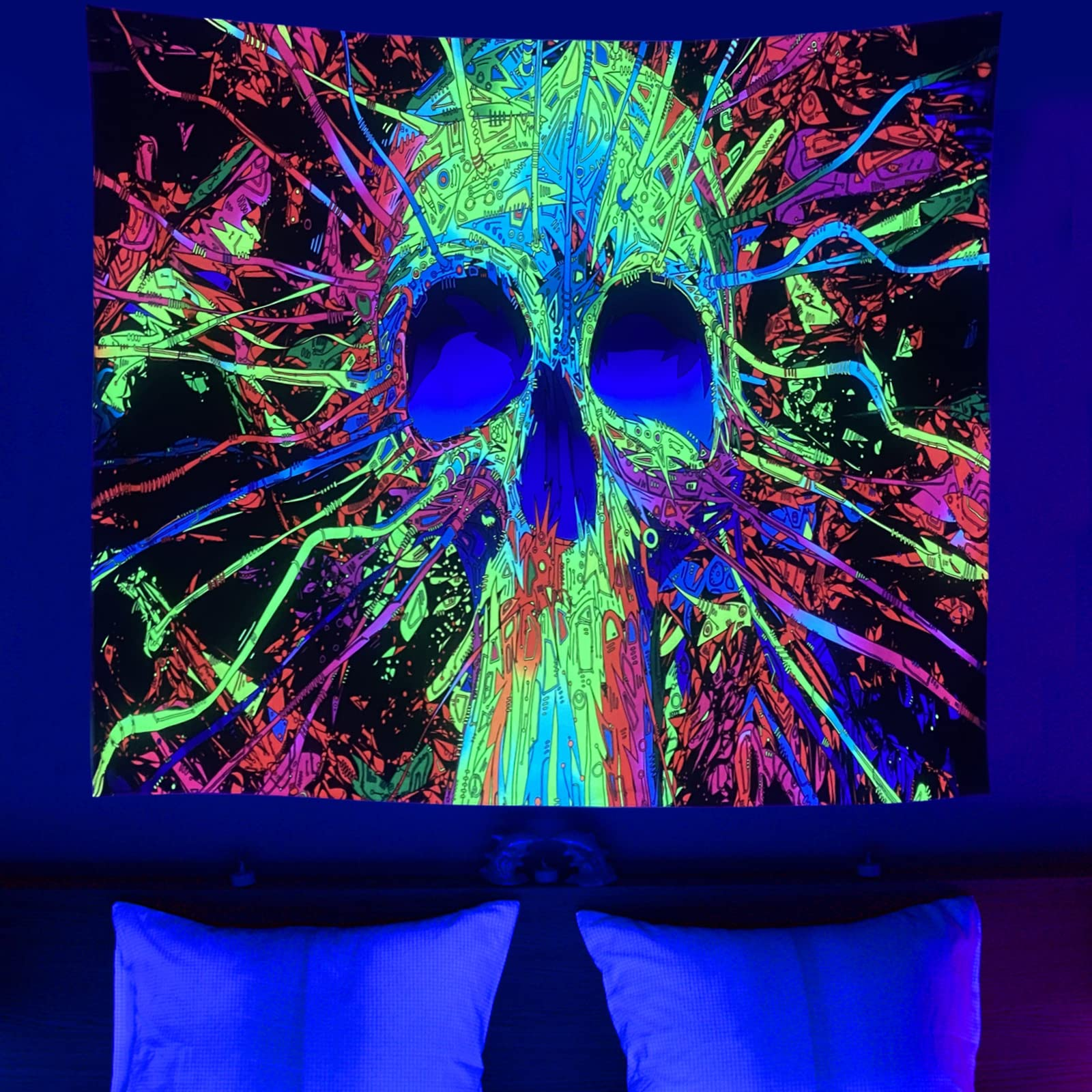 Aperturee Colorful Hippie Skull Wall Blacklight Tapestry for Bedroom