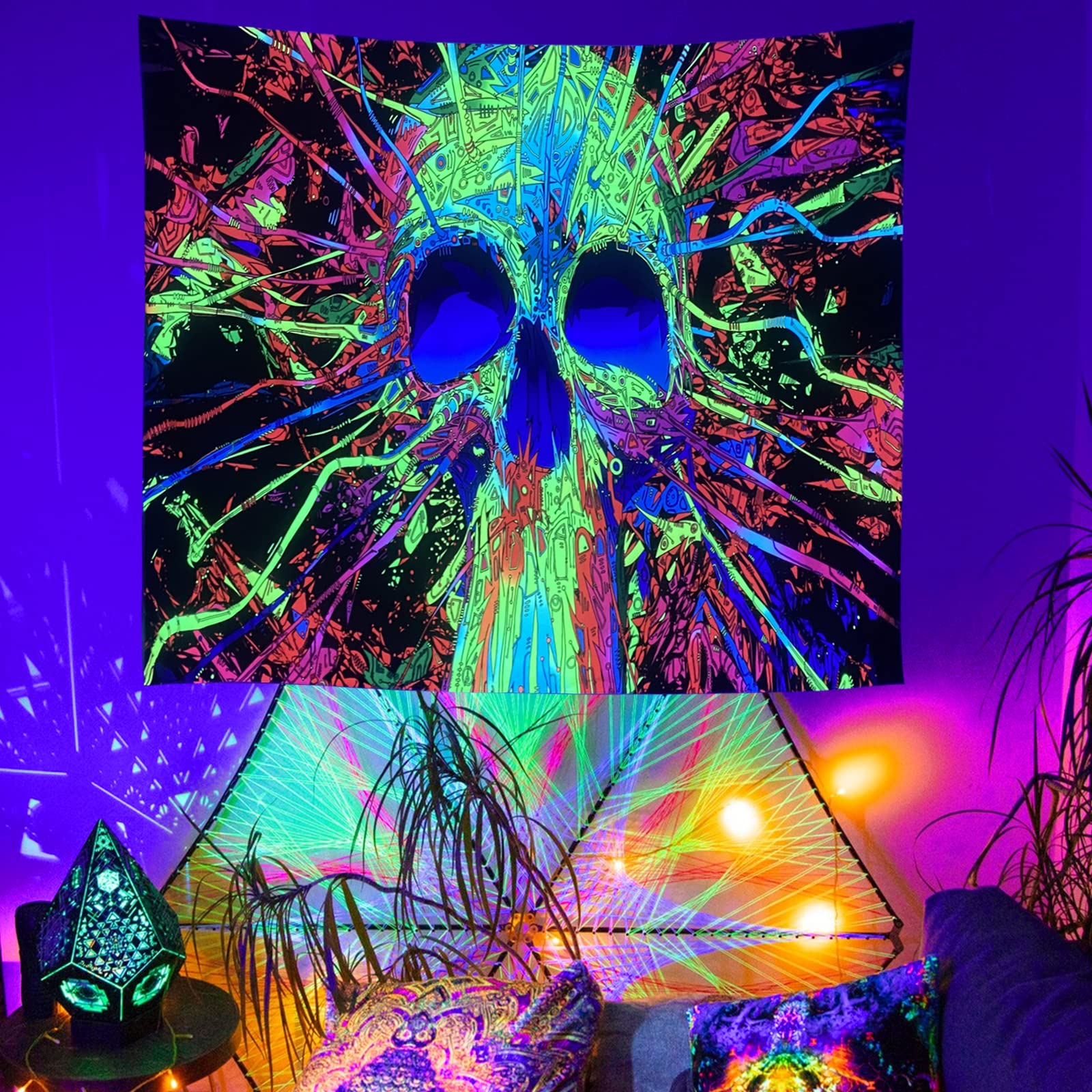 Aperturee Colorful Hippie Skull Wall Blacklight Tapestry for Bedroom