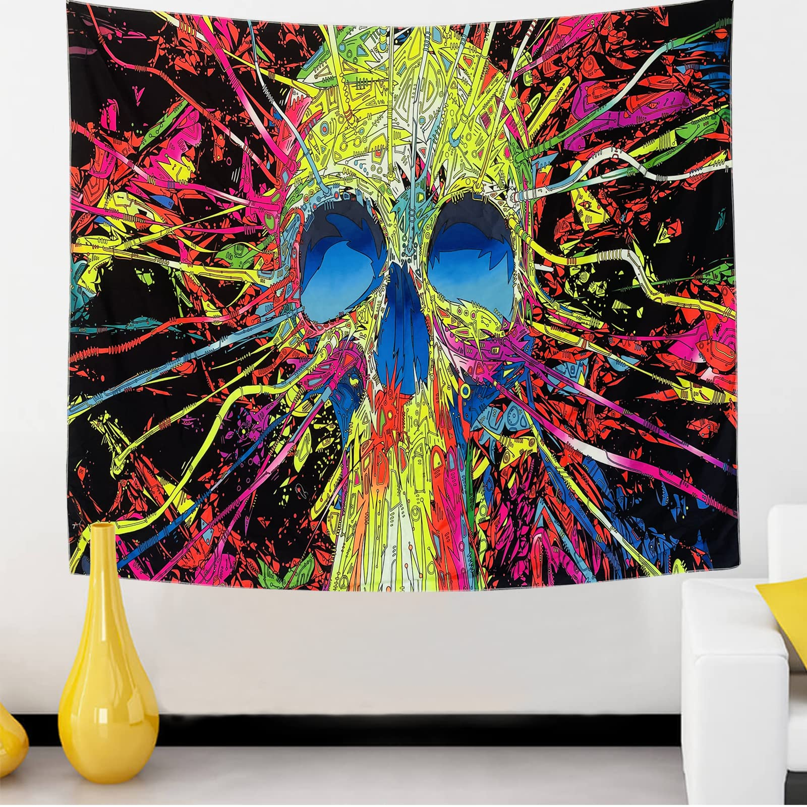 Aperturee Colorful Hippie Skull Wall Blacklight Tapestry for Bedroom