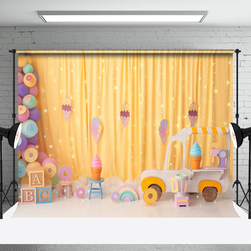 Aperturee - Colorful Ice Cream Gold Curtain Cake Smash Backdrop