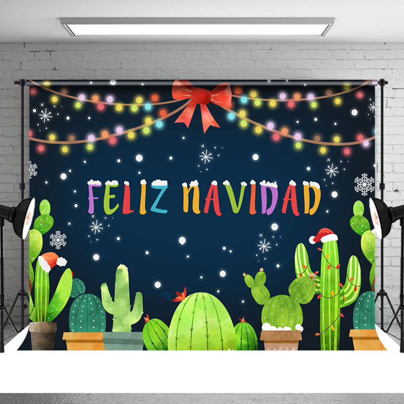 Aperturee - Colorful Light Snow Cactus Mexico Christmas Backdrop