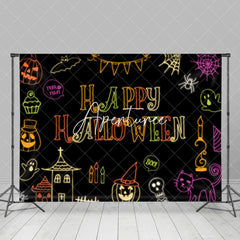 Aperturee - Colorful Neon Ghosts Black Happy Halloween Backdrop