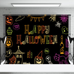 Aperturee - Colorful Neon Ghosts Black Happy Halloween Backdrop