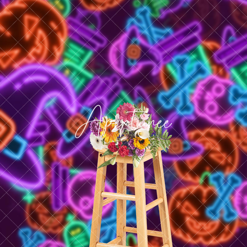 Aperturee - Colorful Neon Hat Pumpkins Ghosts Halloween Backdrop