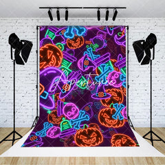 Aperturee - Colorful Neon Hat Pumpkins Ghosts Halloween Backdrop