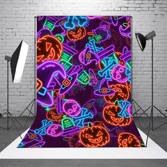 Aperturee - Colorful Neon Hat Pumpkins Ghosts Halloween Backdrop