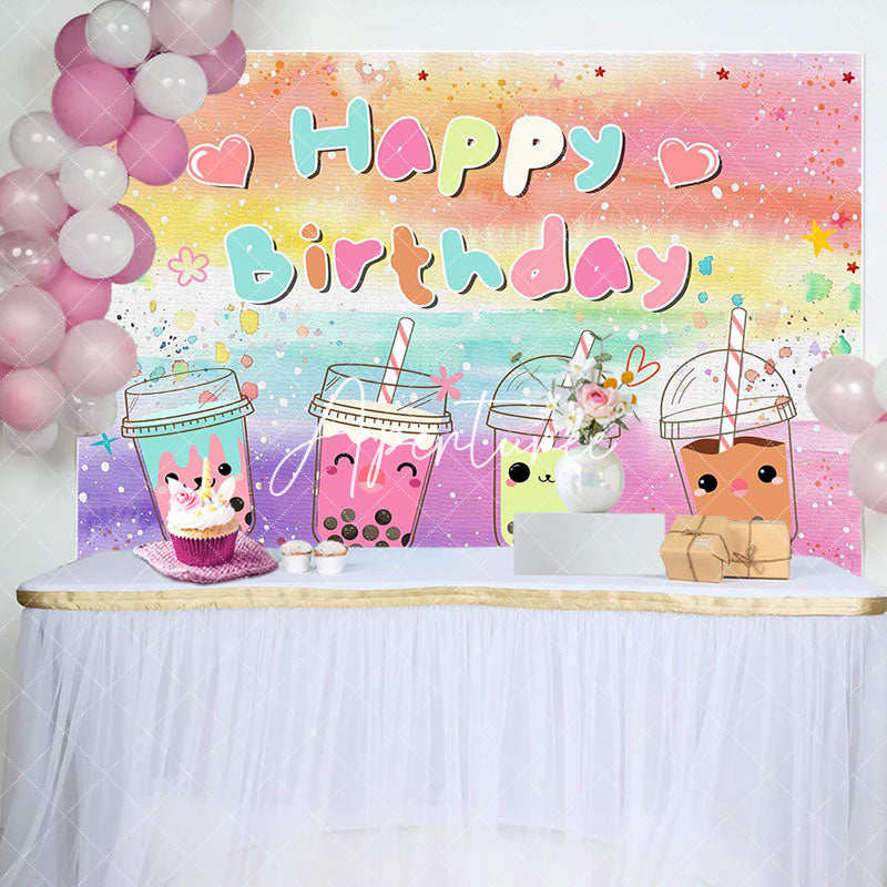 Aperturee - Colorful Oli Painting Cute Milktea Birthday Backdrop