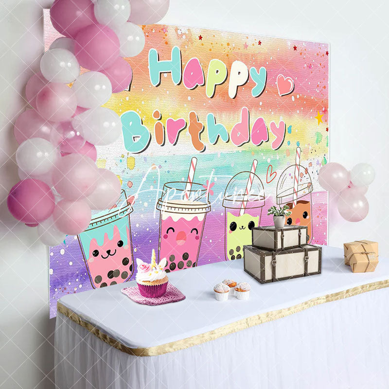 Aperturee - Colorful Oli Painting Cute Milktea Birthday Backdrop