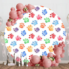 Aperturee - Colorful Pet Footprint White Round Birthday Backdrop