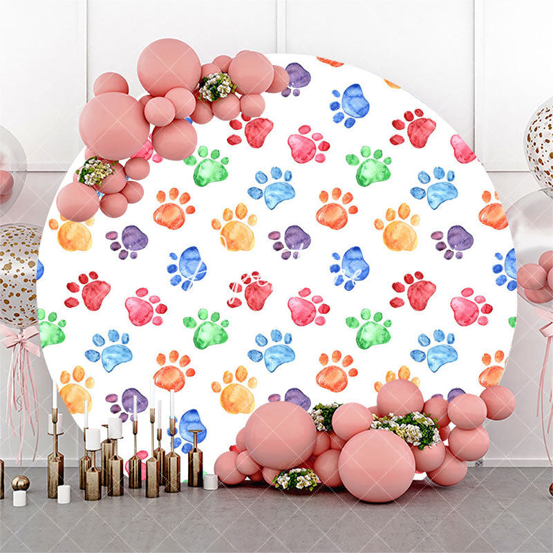 Aperturee - Colorful Pet Footprint White Round Birthday Backdrop