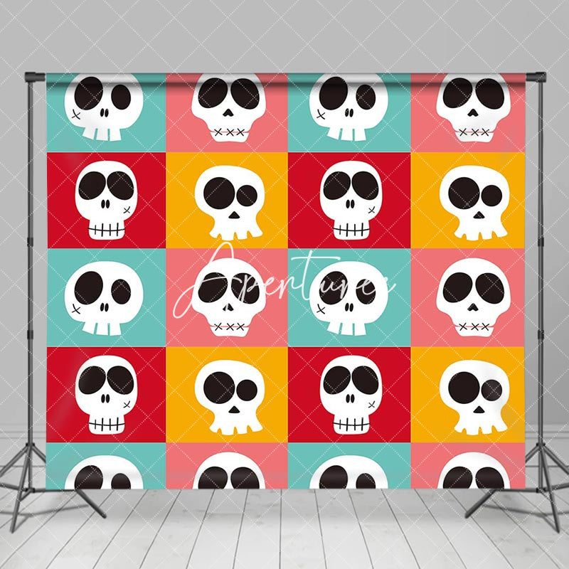 Aperturee - Colorful Plaid Cute Skulls Halloween Party Backdrop