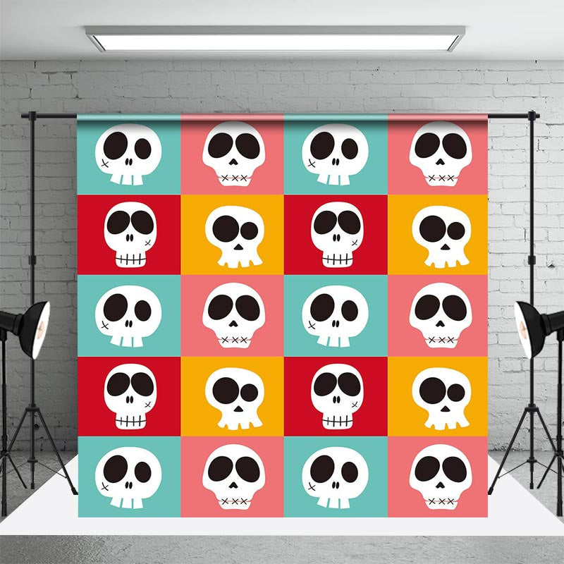 Aperturee - Colorful Plaid Cute Skulls Halloween Party Backdrop