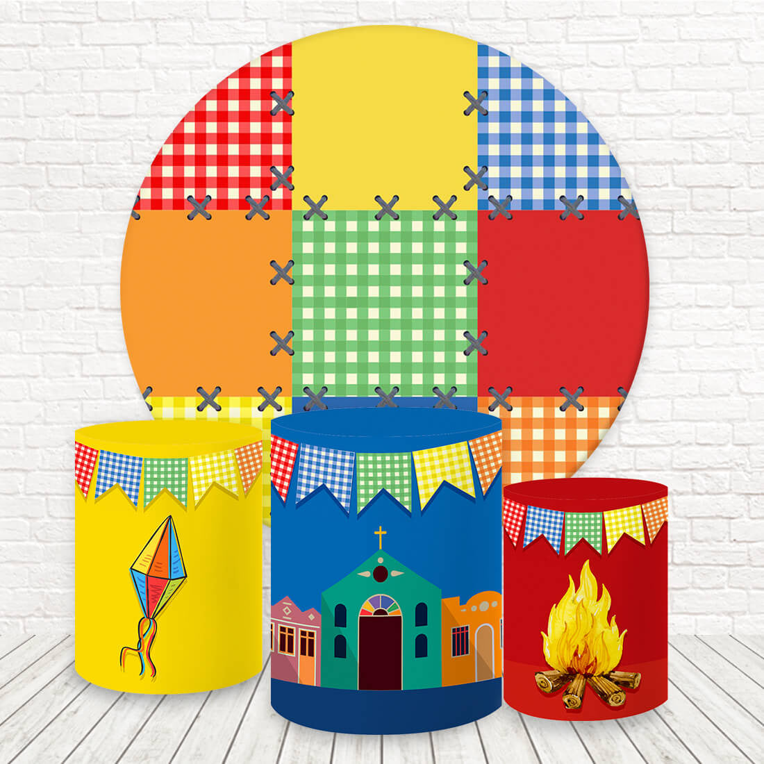 Aperturee Colorful Plaid Fiesta Church Round Birthday Backdrop Kit