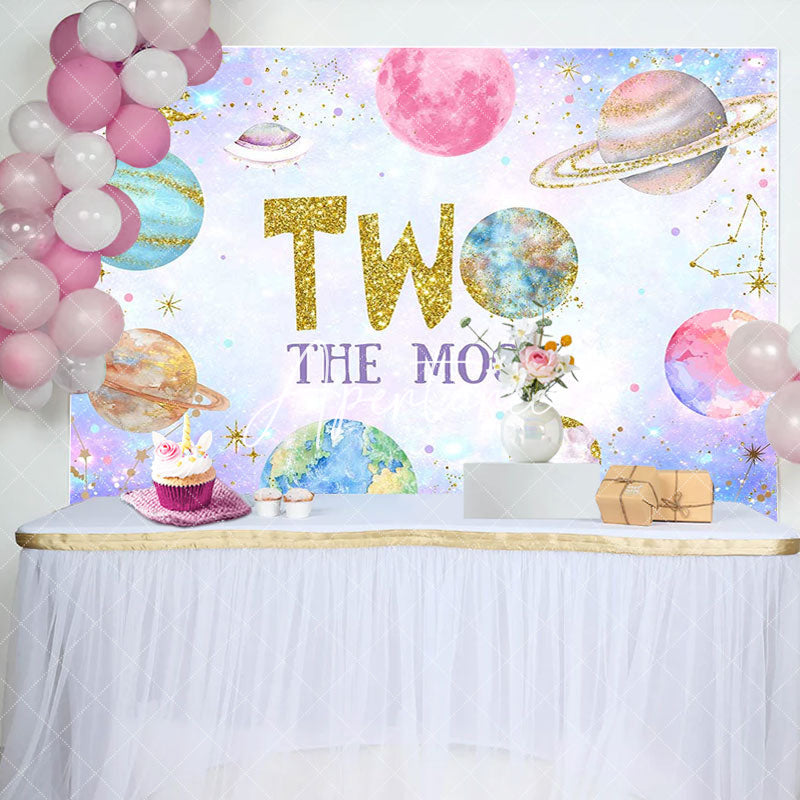 Aperturee - Colorful Planet Gold Glitter 2nd Birthday Backdrop