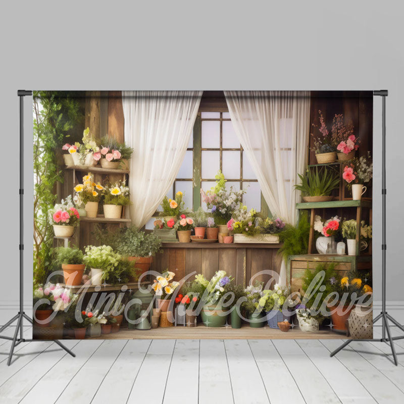 Aperturee - Colorful Potted Flower White Curtain Spring Backdrop