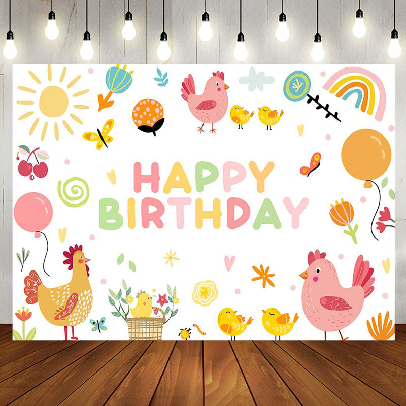 Aperturee - Colorful Rainbow Sun Chicken Happy Birthday Backdrop