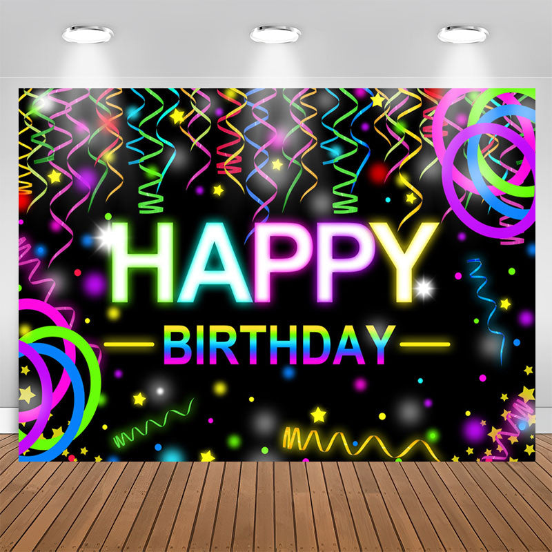 Aperturee - Colorful Ribbons Bokeh Black Happy Birthday Backdrop