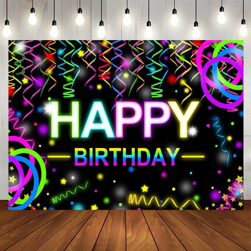 Aperturee - Colorful Ribbons Bokeh Black Happy Birthday Backdrop