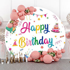 Aperturee - Colorful Ribbons Dinosaurs Round Birthday Backdrop