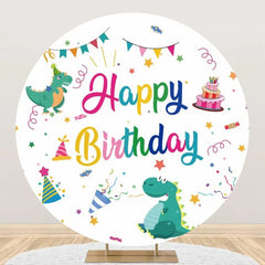 Aperturee - Colorful Ribbons Dinosaurs Round Birthday Backdrop