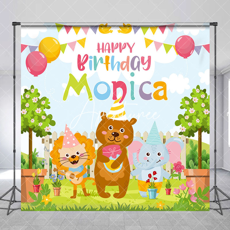 Aperturee - Colorful Safari Animal Custom Name Birthday Backdrop