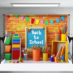 Aperturee - Colorful Stationery Brick Wall Back To School Backdrop