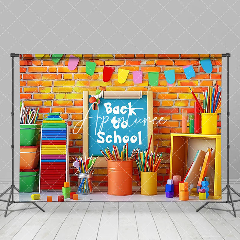 Aperturee - Colorful Stationery Brick Wall Back To School Backdrop