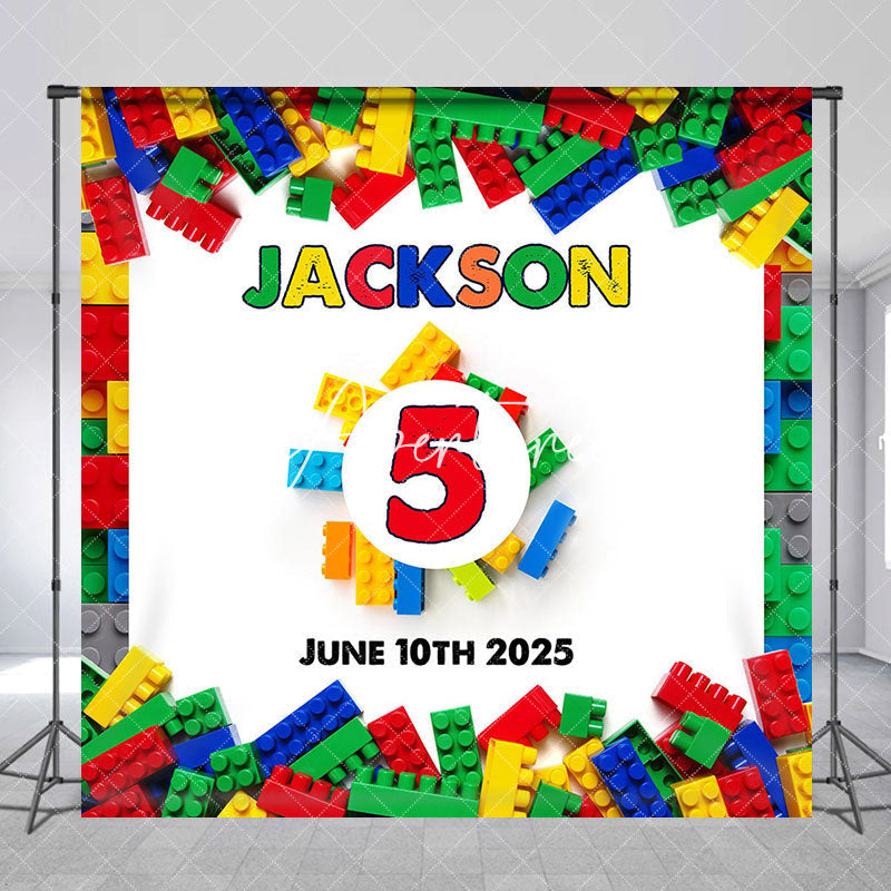 Aperturee - Colorful Toy Block Custom Name 5th Birthday Backdrop