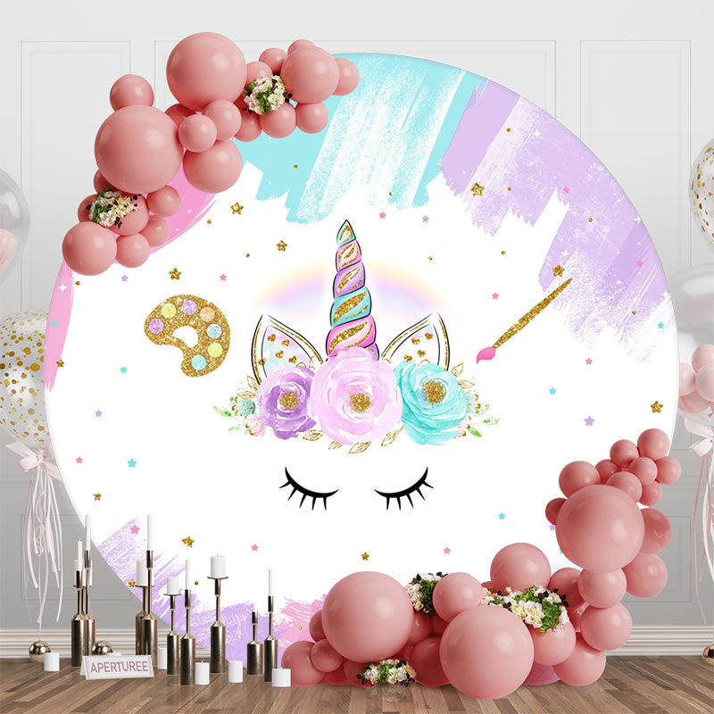 Aperturee - Colorful Unicorn Floral Round Baby Shower Backdrop