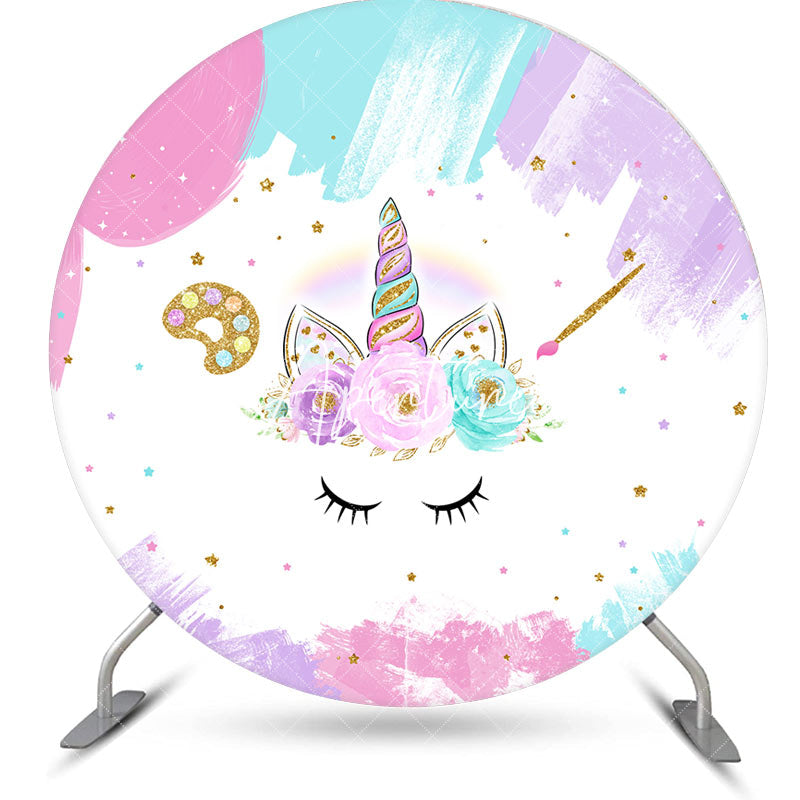 Aperturee - Colorful Unicorn Floral Round Baby Shower Backdrop