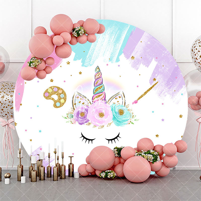 Aperturee - Colorful Unicorn Floral Round Baby Shower Backdrop