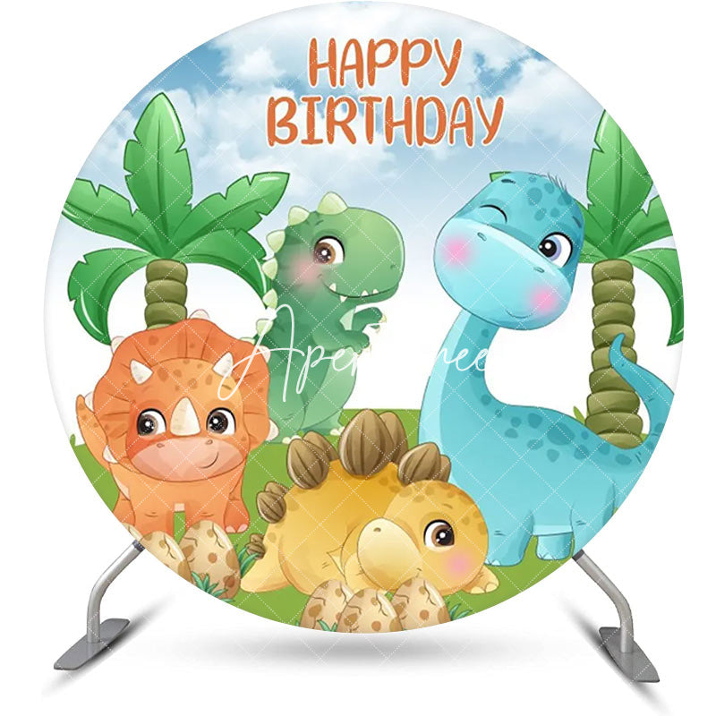 Aperturee - Colorful Various Dinosaurs Round Birthday Backdrop