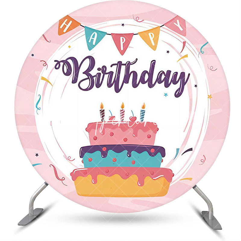 Aperturee - Colors Cake Pink Ribbons Round Birthday Backdrop