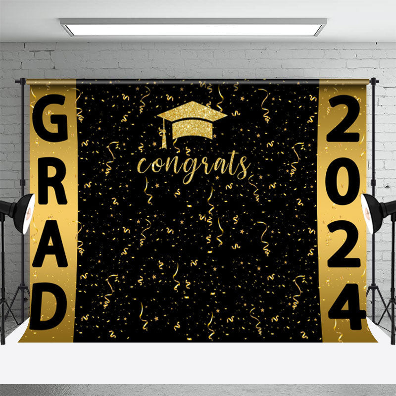 Aperturee - Congrats Golden Ribbons Black Graduation Backdrop