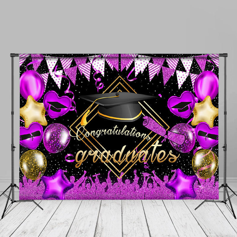 Aperturee - Congrats Grad Glitter Purple Balloons Photo Backdrop