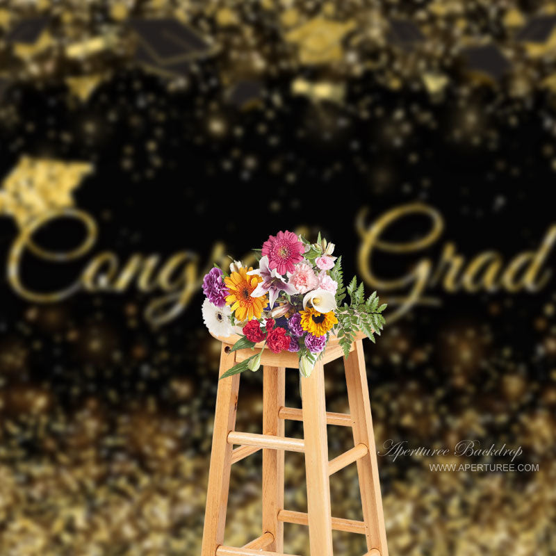 Aperturee - Congrats Grad Gold With Black Glitter Photo Backdrop