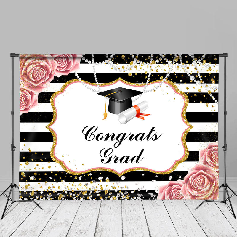 Aperturee - Congrats Grad Pearl Stripe Floral Photoshoot Backdrop