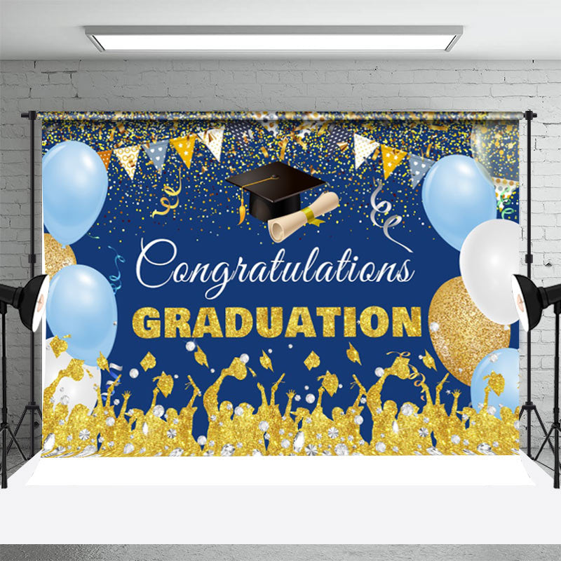 Aperturee - Congratulations Blue Gold Balloons Grad Backdrop