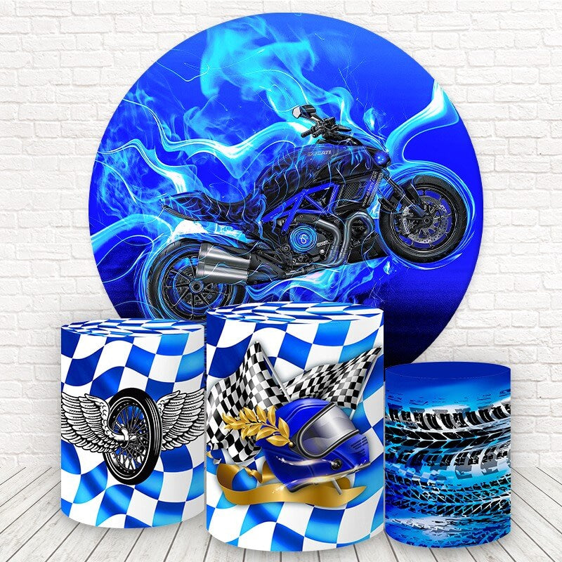 Aperturee Cool Motorcycle Blue Race Round Backdrop Kit For Boy