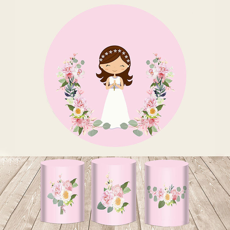 Aperturee Pink Floral With Happy Girl Wedding Round Backdrop Kit