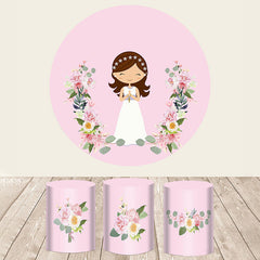 Aperturee Pink Floral With Happy Girl Wedding Round Backdrop Kit