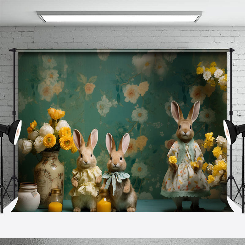 Aperturee - Country Green Rabbit Yellow Vase Easter Backdrop