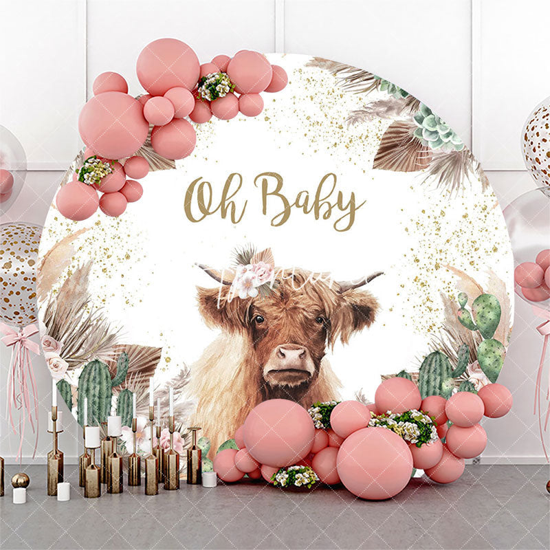 Aperturee Cow Green Cactus Plants Circle Baby Shower Backdrop