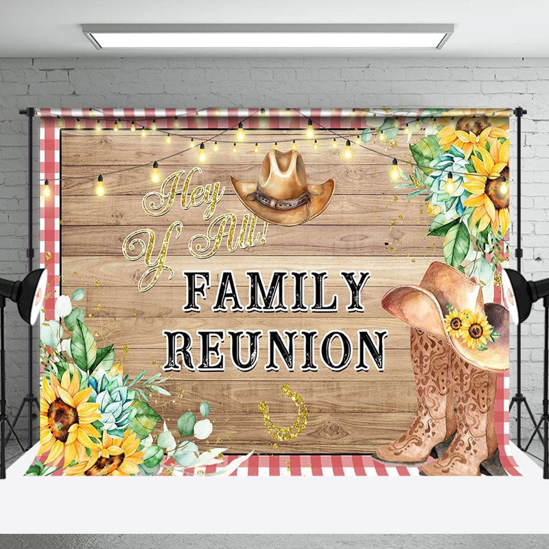 Aperturee - Cowboy Floral Wood Hey Y All Family Reunion Backdrop